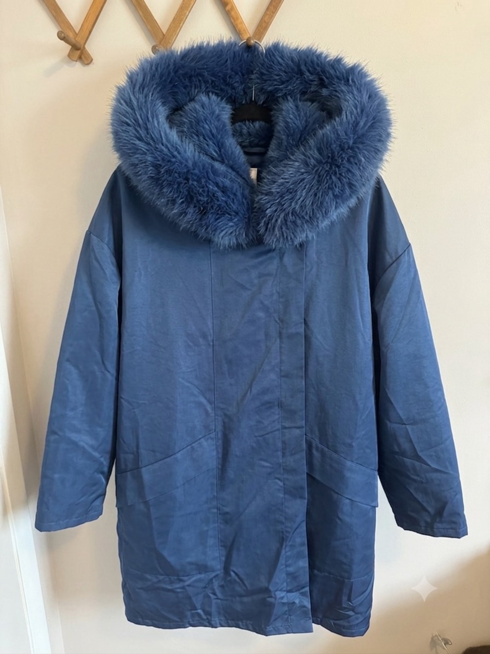 Linda Lundstrom La Parka Vintage Blue 2 Piece Wool Faux Fur Coat Shell L